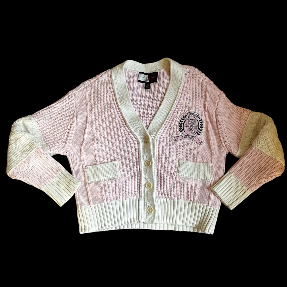 Tommy Hilfiger Oversized Elegant Pink and Cream Women's Cardigan